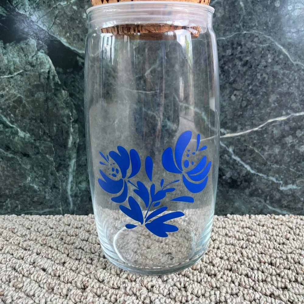 Blue Floral Glass Jar with Cork Lid